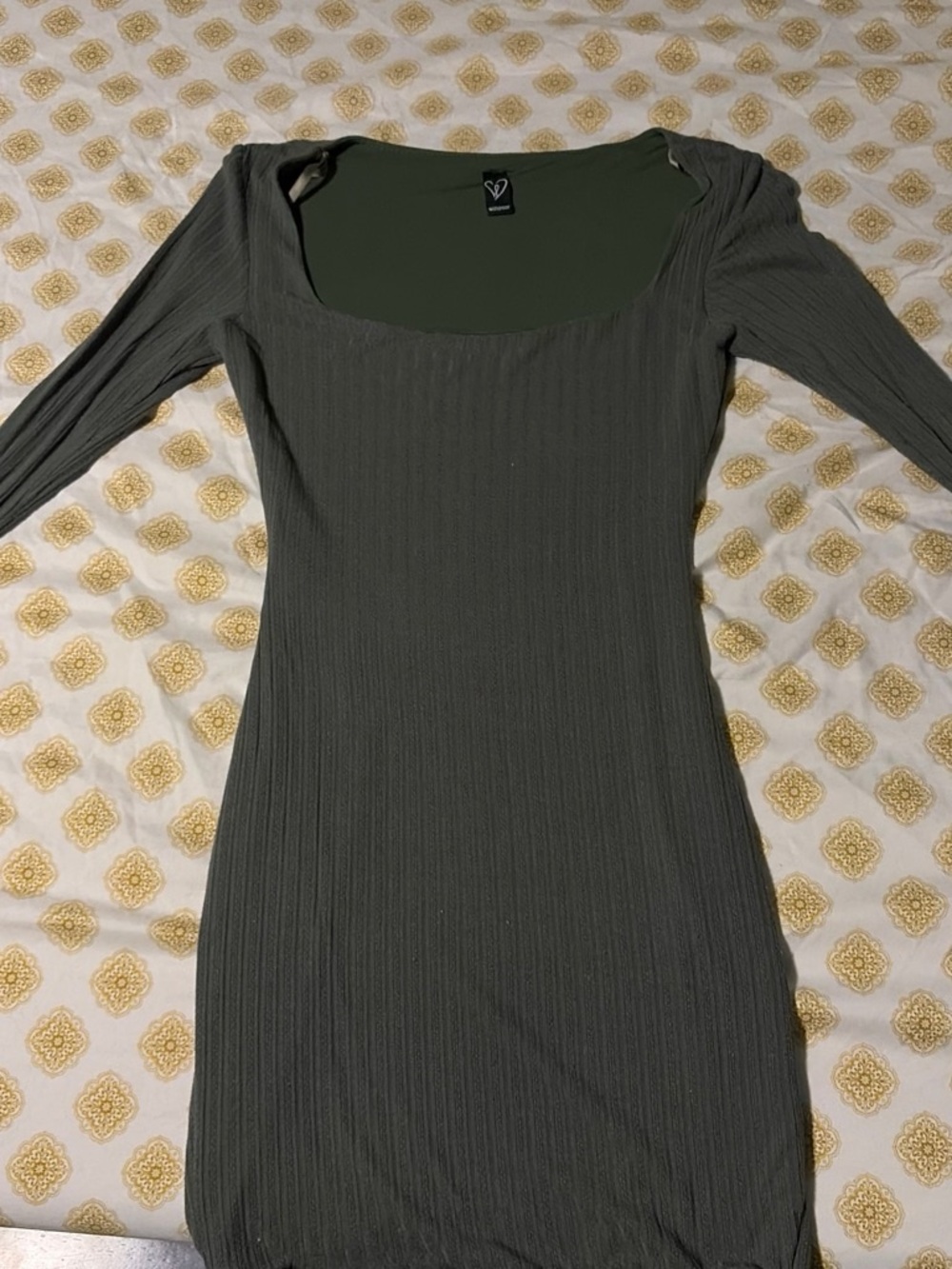 Windsor Olive Ribbed Square-Neck Long Sleeve Dress